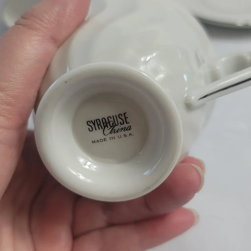 TWO Syracuse China Wedding Ring Cup & Saucer Sets White with Platinum Trim